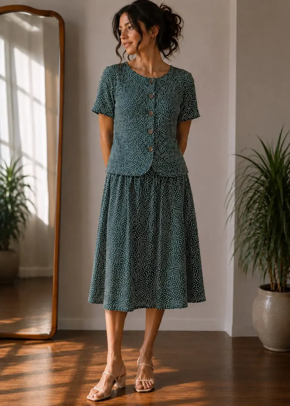 Vtg 90s Green Polka Dot Blouse Matching Midi Skirt Coord Set M Femme Tradwife